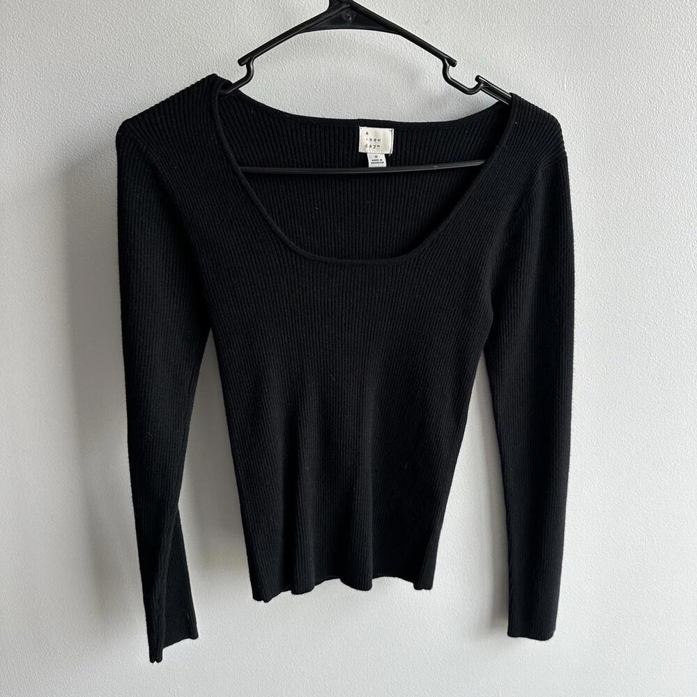 A New Day Womens Ribbed Slim Fit Long Sleeve Top Black Size Small